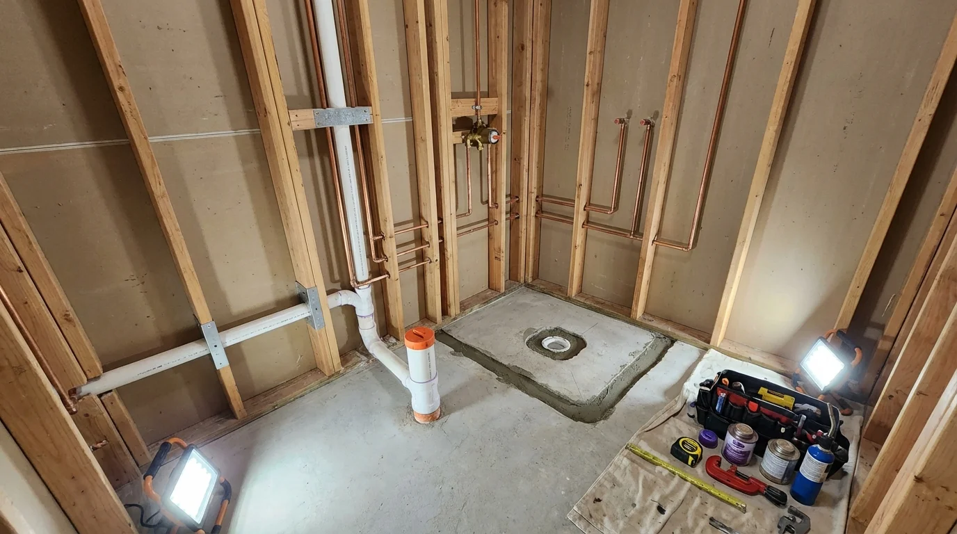 Bathroom rough-in plumbing during remodel by Johns Plumbing LLC in Prosper