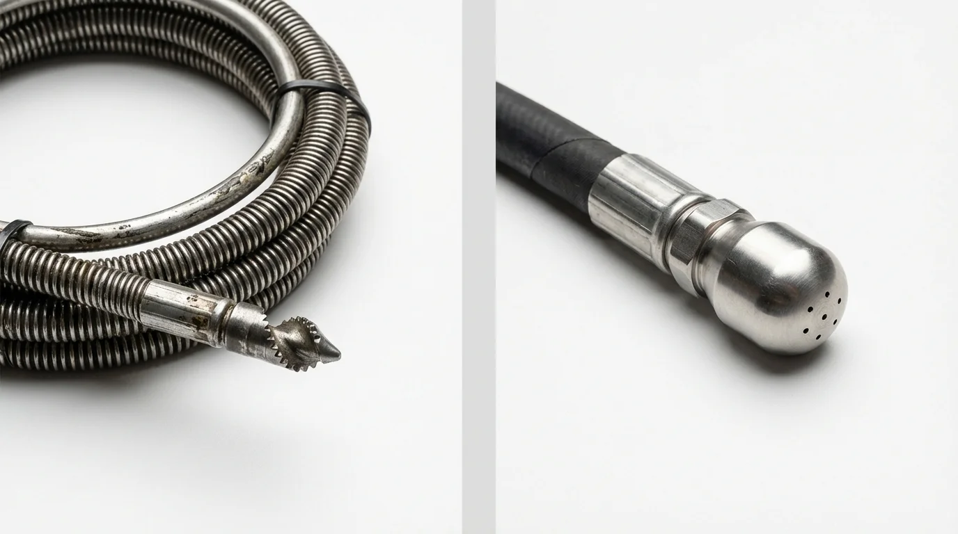 Drain snake cable and hydro jetting nozzle used for drain cleaning in Prosper, TX