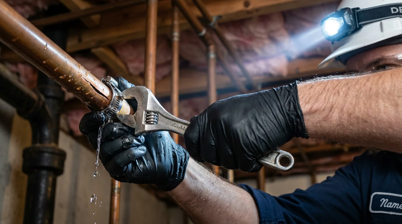 Emergency pipe clamp repair being performed by a Johns Plumbing LLC plumber in Prosper