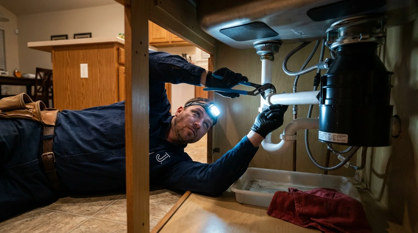 P-trap and supply line connections under a kitchen sink showing a common leak point in Prosper, TX